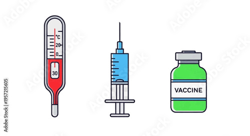 Vector illustration of medical icons set with thermometer, syringe and vaccine bottle