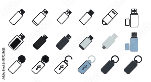 Vector illustration of set of usb flash drive icons, various designs and styles