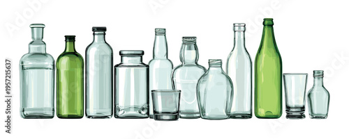 Glass bottles row. Empty glass containers, alcohol glasses milk juice container jar beer vodka liqueur syrup mixture drink beverages cartoon realistic isolated vector illustration