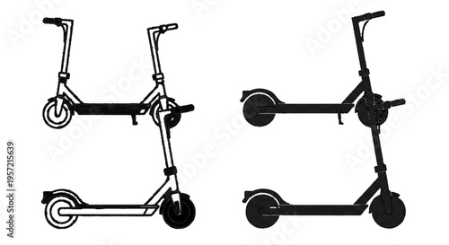 Vector illustration of set of electric scooters in outline and silhouette style