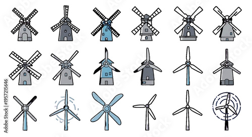 Vector illustration of set of various windmill and wind turbine icons