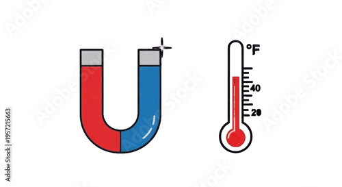Vector illustration of ushaped magnet and thermometer showing temperature in fahrenheit