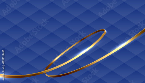 深いブルーのダイヤパターン背景に光沢のあるゴールドリボンが躍動する高級感あふれる抽象デザイン素材