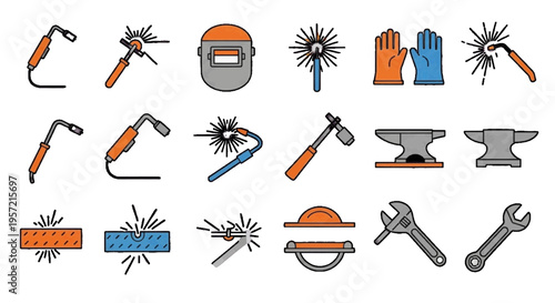Vector illustration of welding equipment and tools icons set