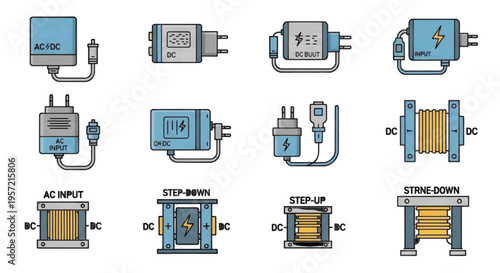 Vector illustration of set of various electrical power adapters and voltage converter icons