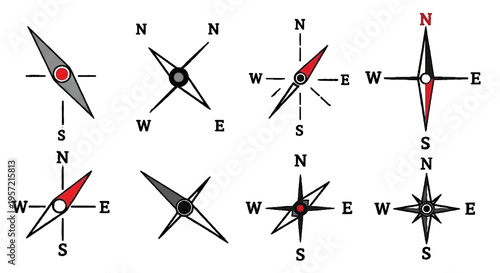 Vector illustration of set of various compass rose and navigation needle icons