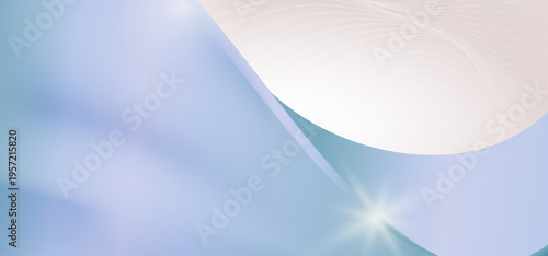 パステルブルーの淡い背景に白いウェーブラインと輝くレンズフレアを配置した清潔感のある抽象デザイン