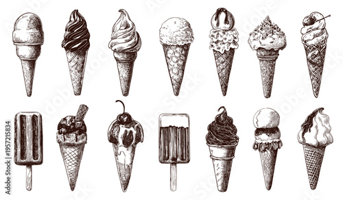 Hand drawn ice cream. Icecream sketches, waffle cone chocolate popsicle on stick scoop ball sundae gelato sorbet dessert cherry vanilla sweet treat vintage set vector illustration