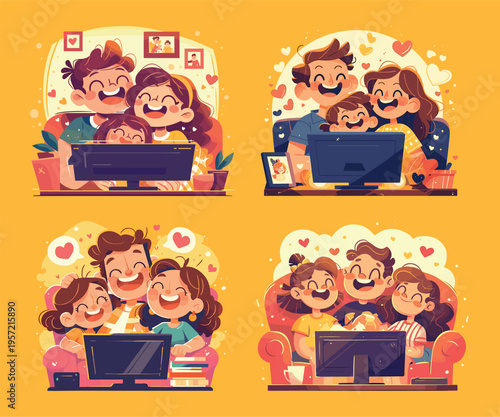 Happy family watch tv. Love parents with kids watching monitor screen, cartoon cute stickers mom dad son daughter look movie television on sofa with hearts set vector illustration