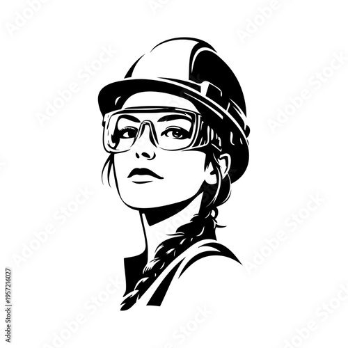 Dibujo minimalista con líneas de la cabeza de una mujer con casco de construcción y gafas de seguridad 