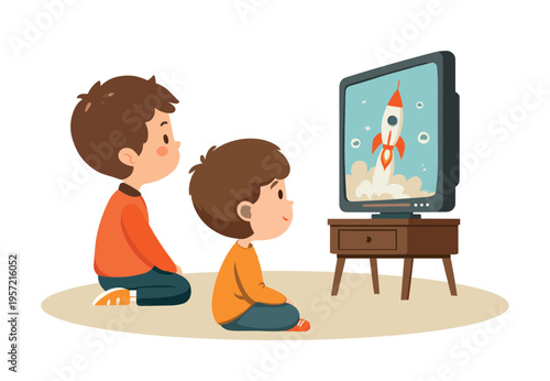 Kids watch tv. Children watching cartoon film space rocket, kid boys look screen movie television together sit floor living room indoor home happy family vector illustration