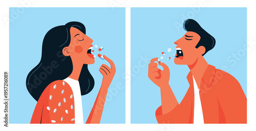 Man throws pills into mouth. Overdose of medicine, woman eating many drugs use painkiller medication vitamin supplement hand take oral tablets drug addiction vector illustration