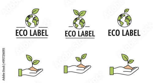 Eco label and green sprout icons.
