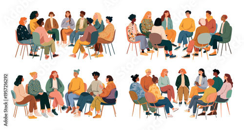Psychotherapy group. People therapy session, anonymous club psychologist patients support meeting circle talking mental health care psychology communication set vector illustration
