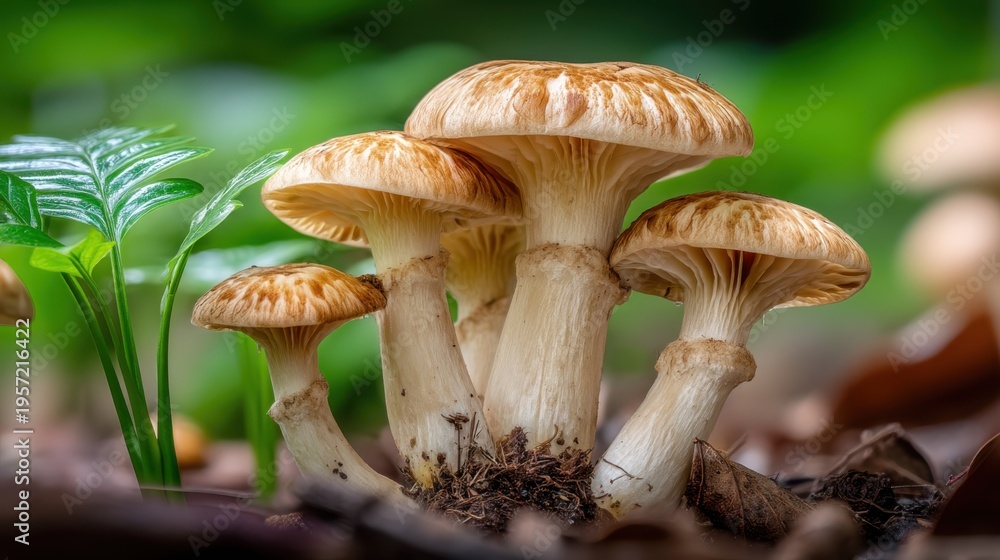 Fototapeta premium Mushroom cluster growing in woodland undergrowth, showcasing natural textures and forest floor ecosystem biodiversity