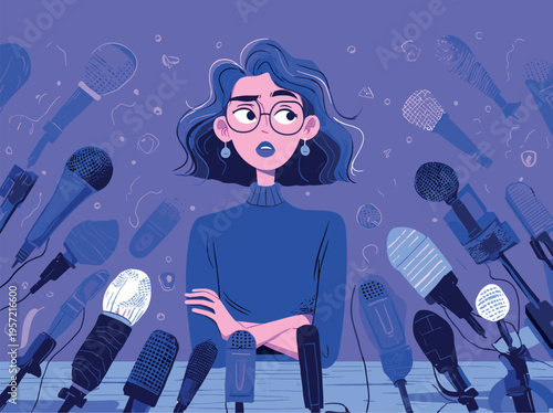 Woman press conference. Interview microphone desk, speech reporter journalist politician official female celebrity famous person audience media communication vector illustration