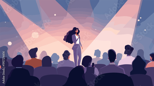 Woman speaker stage. Businesswoman in business suit with microphone public speech spotlight, conference presentation lecture talk people audience seminar event vector illustration
