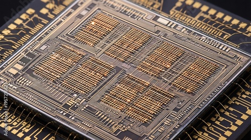 Neuromorphic spiking neural network processor shows millions of microscopic memristor crossbar arrays etched into silicon glowing faintly with activity.