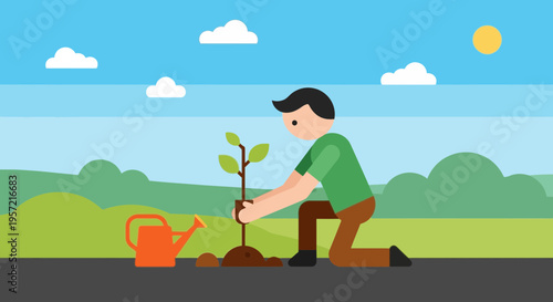 Man Planting Young Green Tree Sapling.