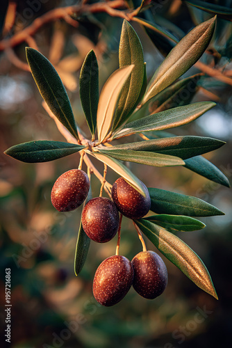 A macro shot of an olive branch with green leaves and ripe olives, captured in warm natural sunlight. 
