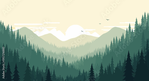 Mountains and trees in landscape view.