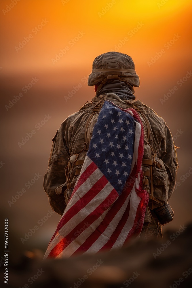 Obraz premium Solemn Soldier with American Flag Overlooking Battlefield at Sunset, Representing Patriotism and Military Service