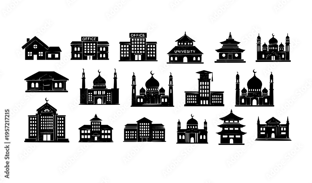 Fototapeta premium Flat building and city icon collection with house, office, university, museum, mosque, church, pagoda vector design