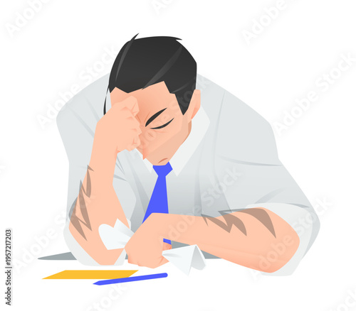 Fail Man Business Character in Digital Difficulty with Hurt, Caucasian Executive for Frustrated Leadership and Worry. Office Paperwork and Falling Sales with A Stressed Startup Employee Using