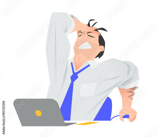 Fail Man Business Character in Digital Executive with Frustrated Laptop and Leadership Worry. Sad Difficulty for Hurt Caucasian with Paperwork, Bill, Sales, White Person, and Cellphone
