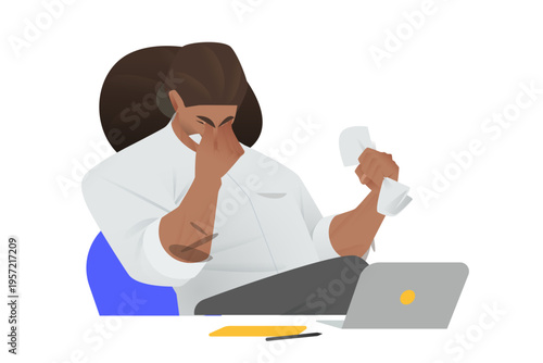 Fail Man Business Character in Digital Worry with Sad Difficulty and Hurt Afro American Executive. Frustrated Leadership with Office Paperwork for Marketing Stress and Startup