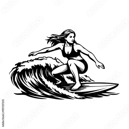 Vacaciones en la playa. Logo club de surf. Dibujo con líneas de una mujer con bikini practicando surf sobre unas olas de mar 
