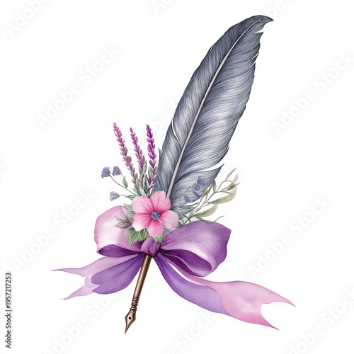 Delicate clipart featuring a feather pen with flowers and ribbon on a white background