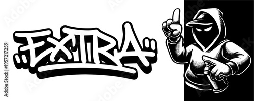 Extra Value Graffiti Tag with Masked Artist Mascot for Bonus Offers and Streetwear Marketing.