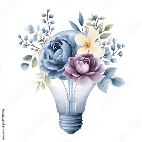 Hand-painted clipart of a light bulb filled with flowers and greenery on a white background representing creativity and nature