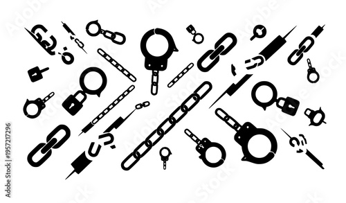Abstract chain and handcuff silhouette collection with dynamic linked and broken icons vector illustration