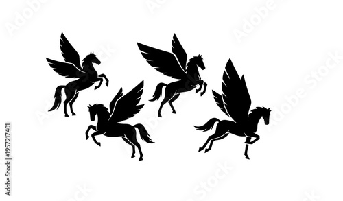 Abstract Pegasus silhouette icon set with winged horse poses for vector logo and mascot design