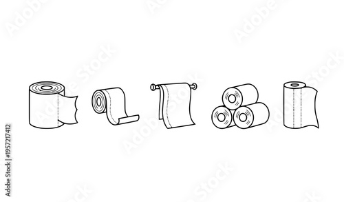 Toilet tissue and paper towel icon sequence in outline style for bathroom hygiene vector design