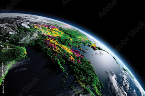 An aerial view of Earth showcasing vibrant land cover with rich ecosystems representing the diverse Earth's topography and agricultural areas viewable from space.