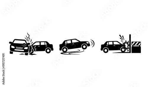Car accident and road hazard icons in silhouette style showing collisions and skidding vector design