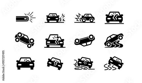 Car crash and accident silhouette icon set with skidding and collision symbols vector collection