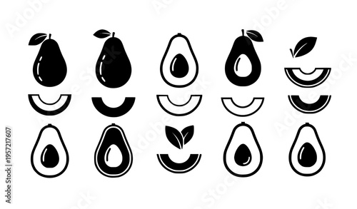 Avocado silhouette icon set with whole half and slice shapes for healthy fruit vector collection