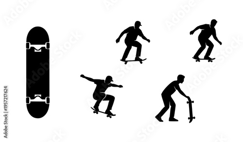 Skateboard and skateboarder silhouette icon set with man riding and trick poses vector collection