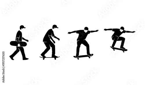 Skateboarder action sequence with man riding and trick icons in silhouette vector design