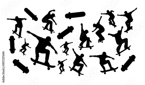 Abstract skateboard and skater silhouette collection with dynamic trick poses vector illustration