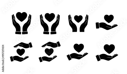 Hands holding heart silhouette icon set representing care support charity and love vector collection