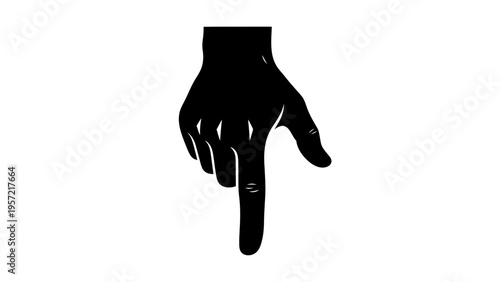 Black hand pointing down, isolated on white background, gesture of direction