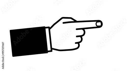 Hand pointing right with index finger, business suit sleeve, isolated on white background