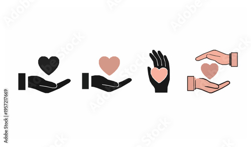 Hands giving and receiving heart icons in sequence representing charity care and support vector design