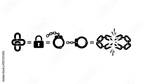 Chain breaking sequence with handcuffs and lock icons symbolizing restriction and freedom vector design