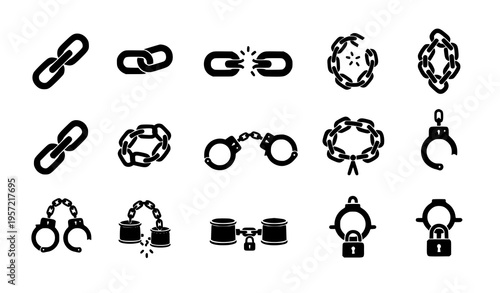 Chain and handcuff silhouette icon set with linked broken and locked restraint vector collection